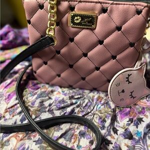 Betsey Johnson Pink Quilted Crossbody with Cat Charm